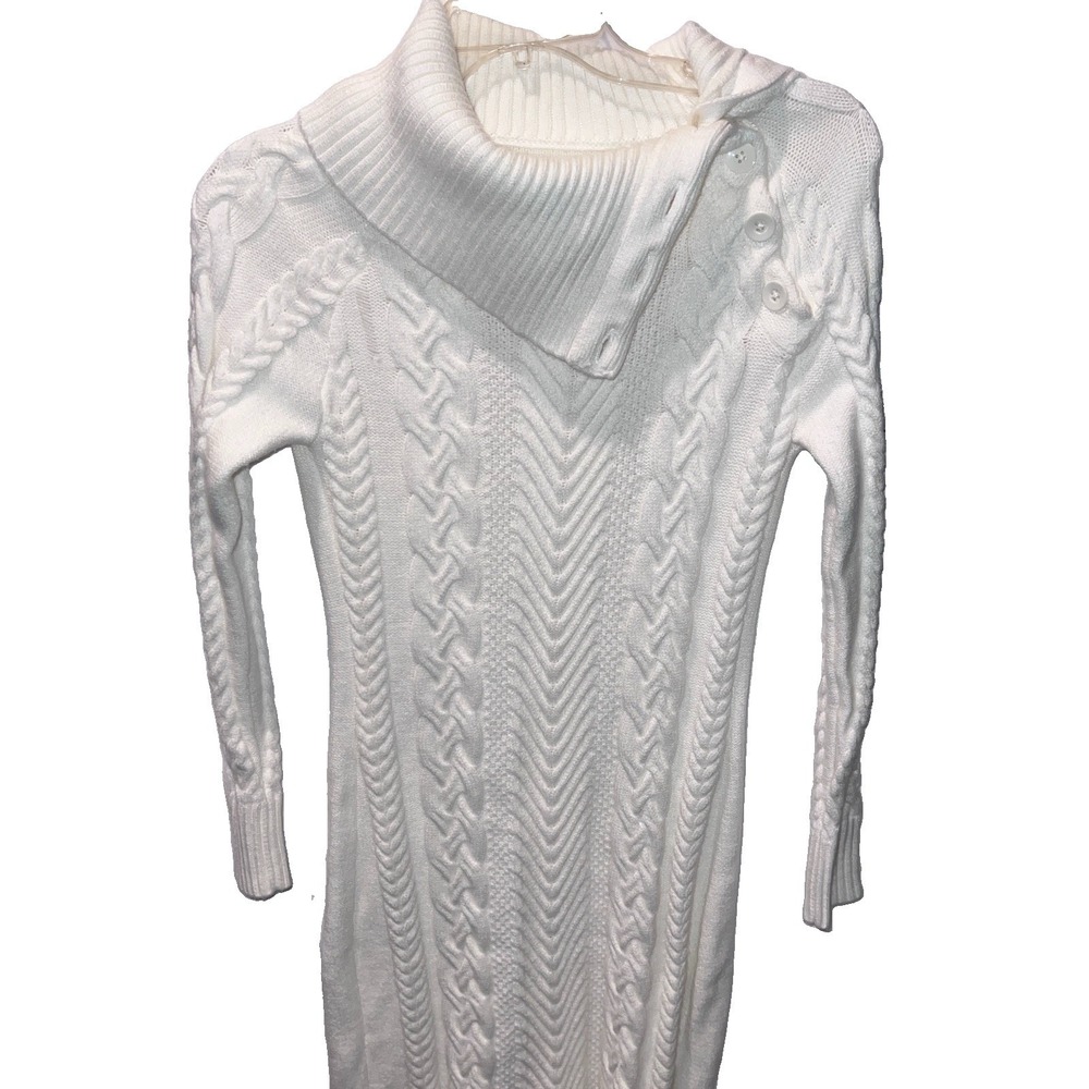 Ivory White Cable Knit Asymmetrical Button Cowl Neck Sweater Dress Women S